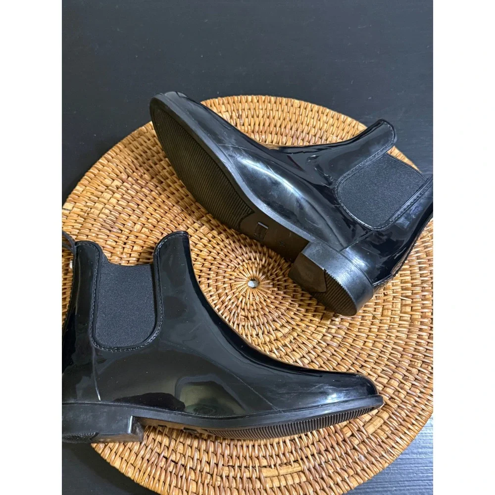 Marc Fisher Womens Black Glossy Chelsea Rain Boots Size 10 Rubber Ankle Booties